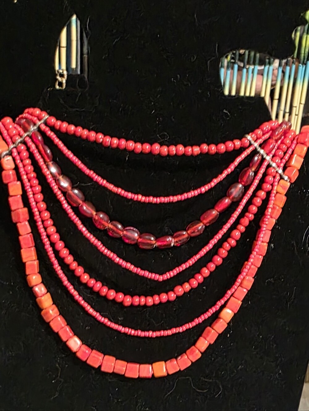 Layered Red Beaded Statement Necklace - Women Jewelry